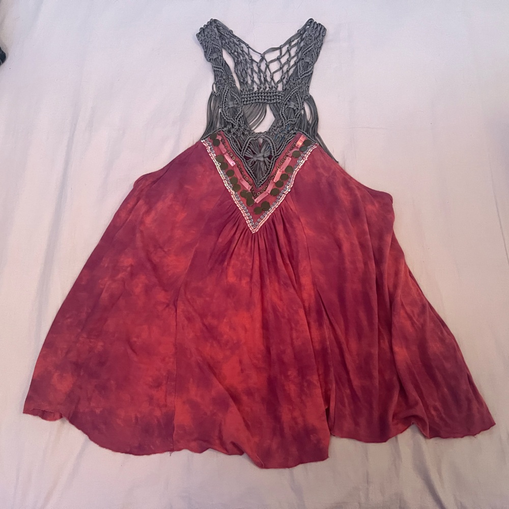 Free People Red and Brown Boho Crochet Detail Top